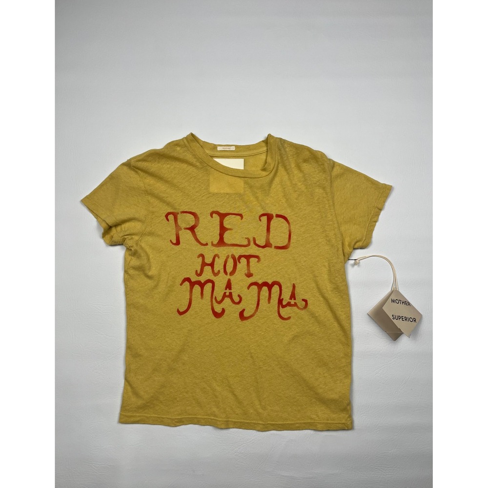 Mother The Sinful T-Shirt Women's S Yellow Red Hot Mama Graphic Cotton Linen Tee
